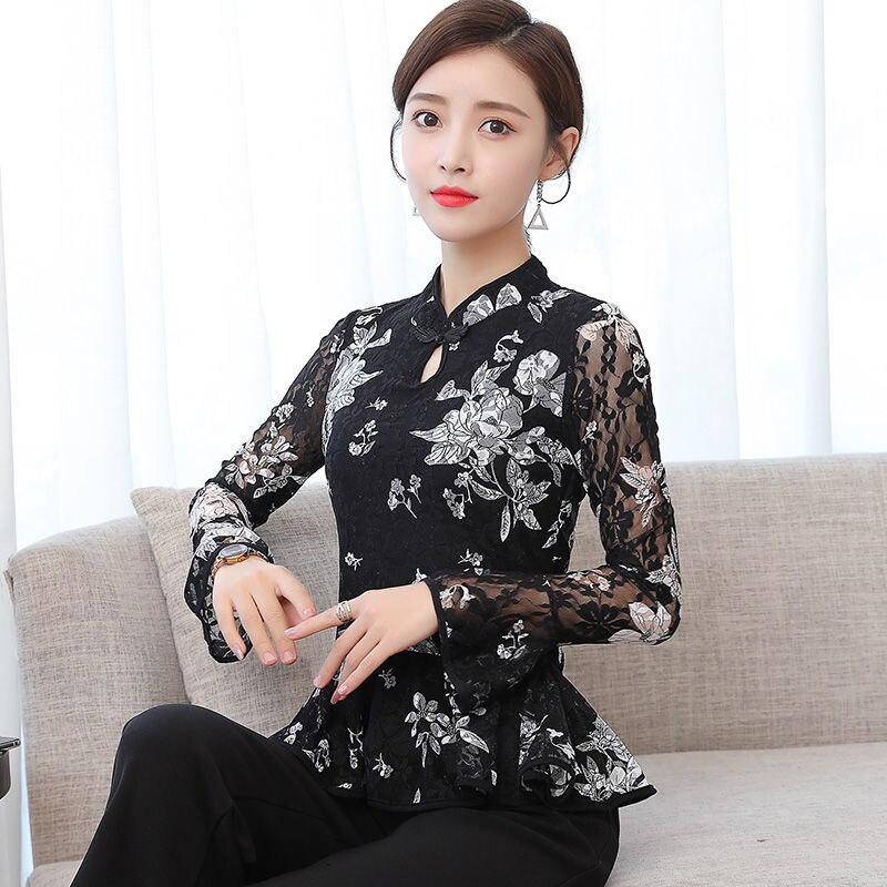 Camisa de estilo Oriental para mujer, blusa tradicional de flores, camisas de Hanfu de talla grande 3XL, Top de encaje , ropa tipo Tang