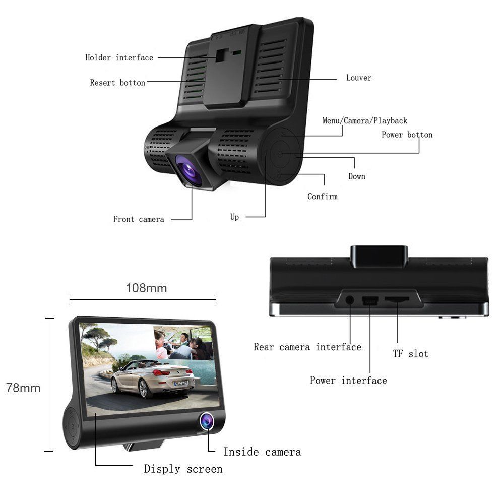 Hikity-caméra voiture DVR 3 | Objectif de 4 ''tableau de bord à trois voies, caméra double objectif avec vue arrière, caméra enregistreur vidéo 170 degrés Dvr large
