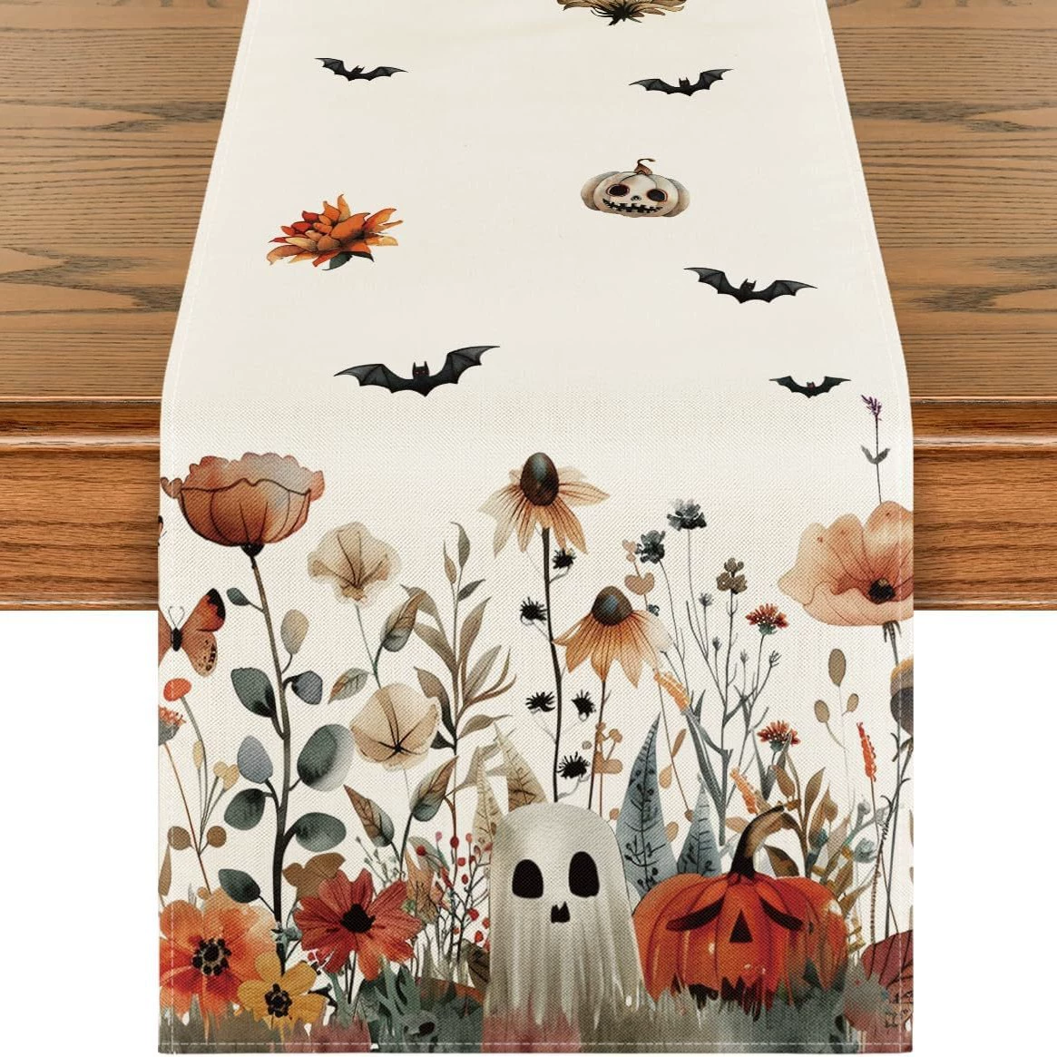 Spökblommor löv halloween bordslöpare, säsongsbetonad höst kök matbordsdekoration för hemfestdekor: 32*210cm / Ljusgrå