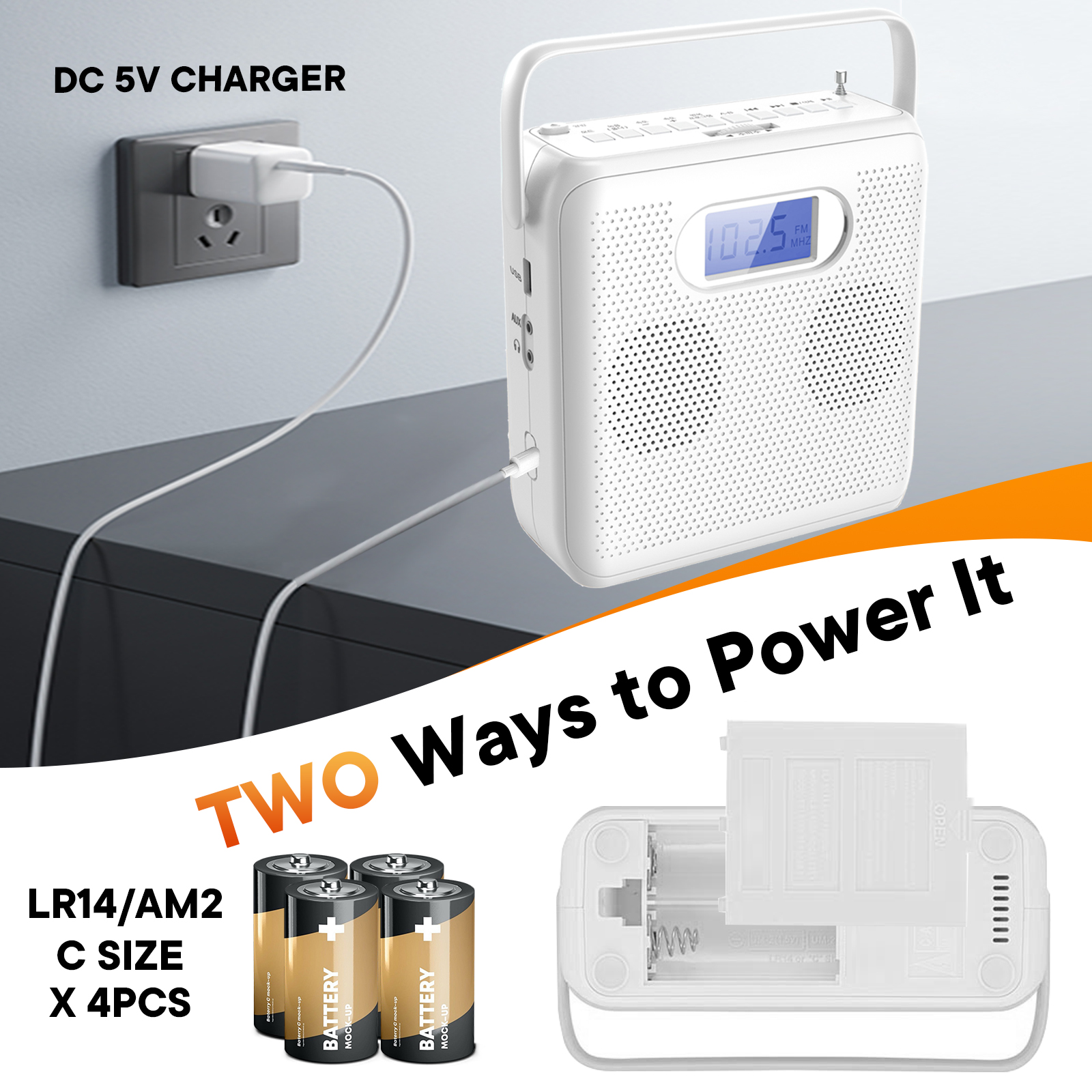 Leitor de CD portátil Bluetooth com alto-falantes USB/MP3 e rádio FM design vertical com DC 5V e bateria