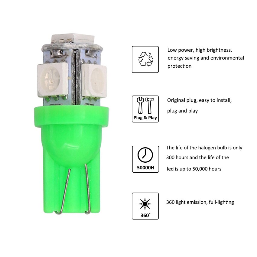 10 stk led bil  dc 12v lampada lys  t10 5050 5 smd super hvid 194 168 auto kilehøjde  w5w t10 led parkeringspære blå rød