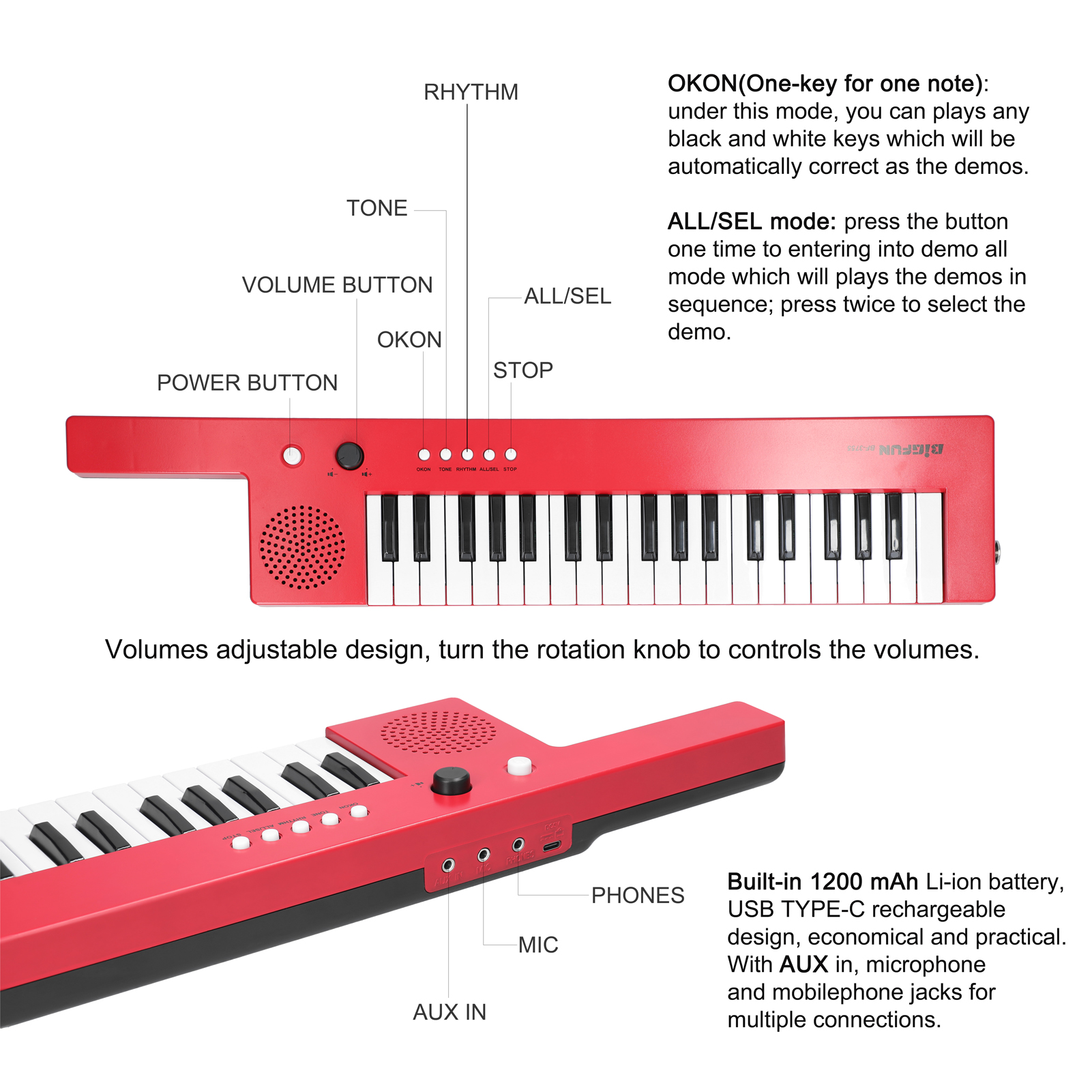 Clavier d&#39;orgue électronique Rechargeable de Type C, 37 touches, pour Piano, guitare et Microphone, d&#39;éveil Musical