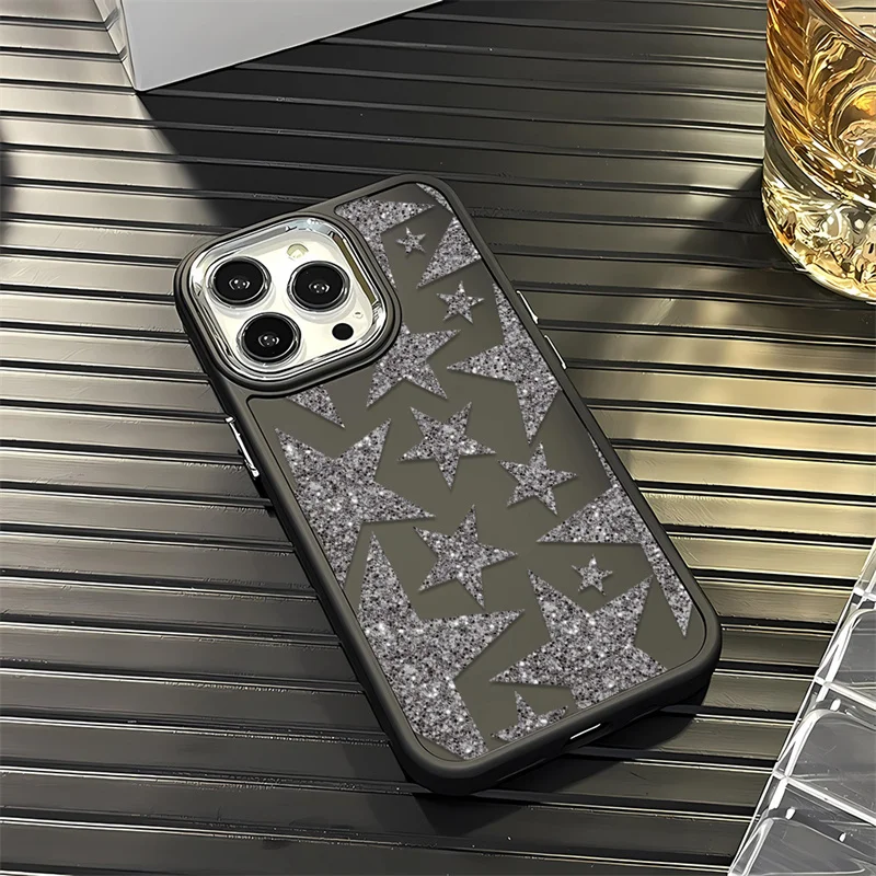 Funda de teléfono plateada con de estrella de cinco puntas para IPhone 16e 15 Pro 16 14 13 12 11 Pro Max 7 8 PIus XR, funda de silicona con marco de Metal: Mezclilla / Beige