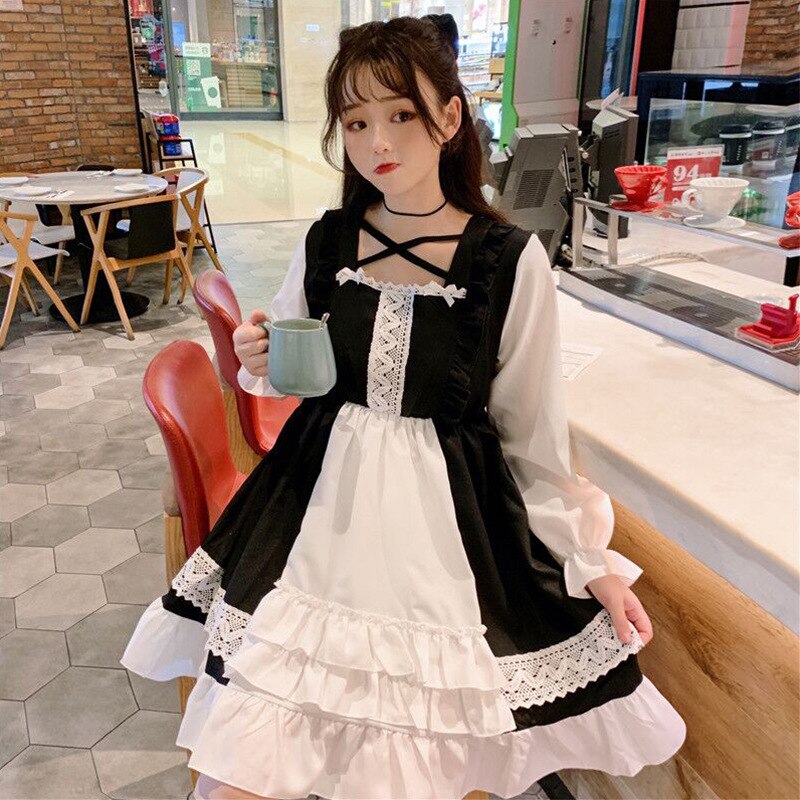 Kawaii lolita jurk dames lange mouw zwart/roze kostuums japanse zoete lolita outfit gothic meid jurk cosplay uniform  vo738: Zwart / M