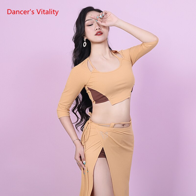 Ensemble de danse du ventre pour femmes, tenue de danse orientale, demi manches, haut + longue jupe fendue, 2 pièces