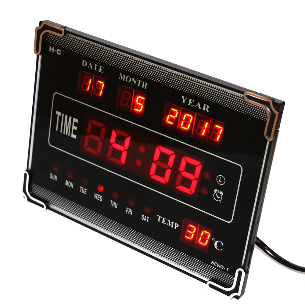 Hourly Chime LED Digital Wall Clock with Calendar Week Date Temperature Desktop Electric Alarm Clock Home Decoration Red