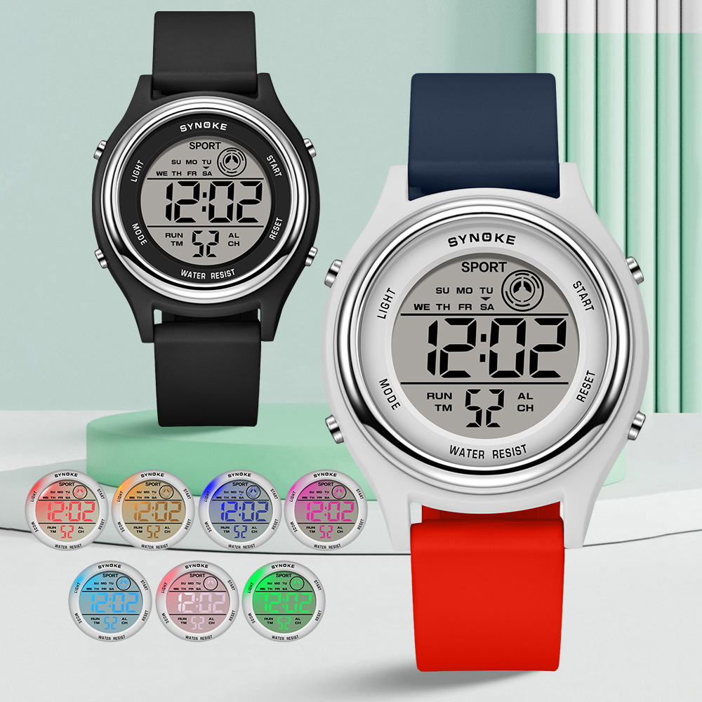 SYNOKE Kleurrijke kinderen zeven lichten horloges sport studenten digitaal horloge voor kinderen waterdicht elektronisch horloge schokbestendig