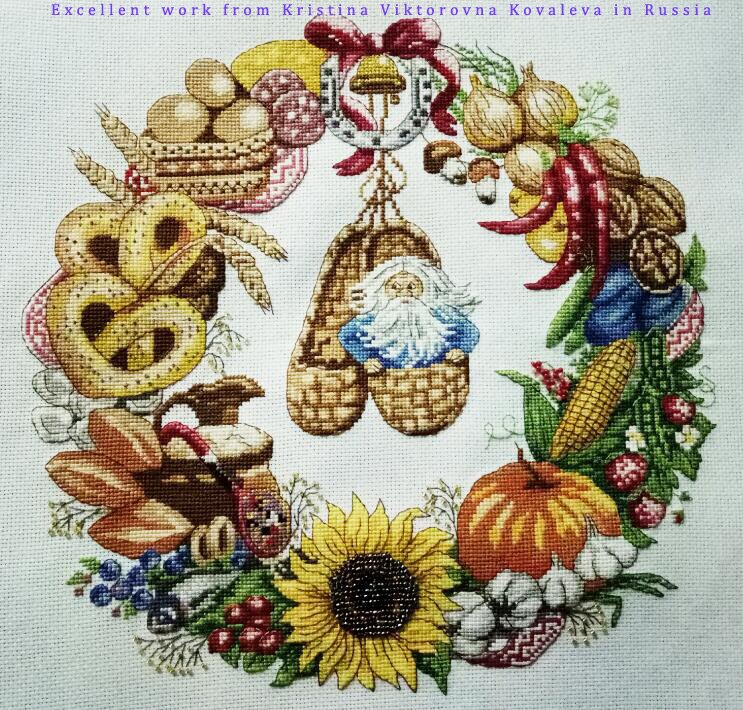 Topp romantisk nostalgisk räknad korsstygssats mat krans krans av gott, frukt blomma bröd jul krans