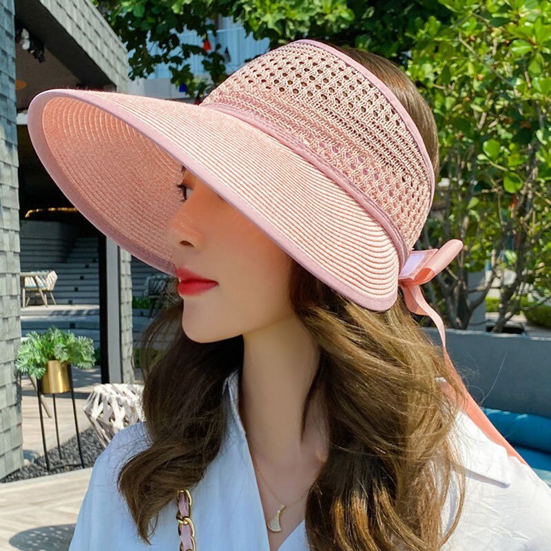 Foldable Summer Women's Sun Hat Bucket Cap Lace Bowknot Flowers Ribbon Flat Top Panama Soft Straw Hat Beach Caps: PK