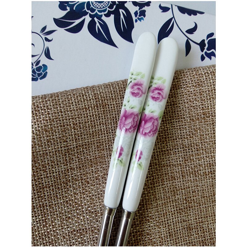BalleenShiny 1 Pair Stainless Steel Chopsticks Chinese Style Rose Peony Ceramic Handle Anti-skid Chopsticks for Rice