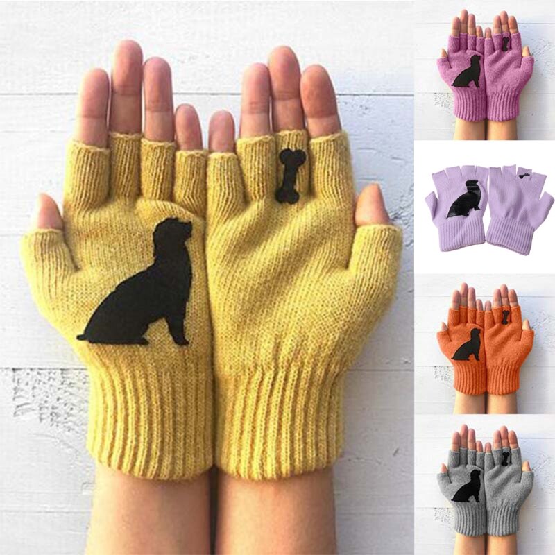 Kvinder vinterstrikkede fingerløse handsker kawaii hvalp hund ben udskrivning varme vanter