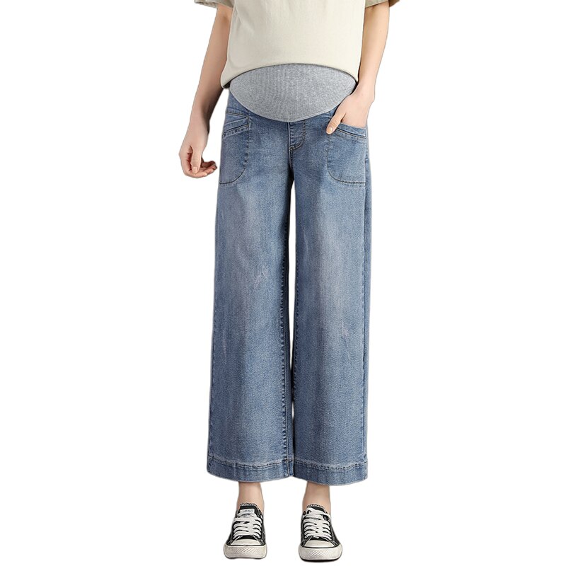 Schwangere Frauen breitbeinig Hosen verlieren Gerade Bauch Jeans Mit Taschen lässig Plus Größe Mutterschaft Baumwolle Schlauch