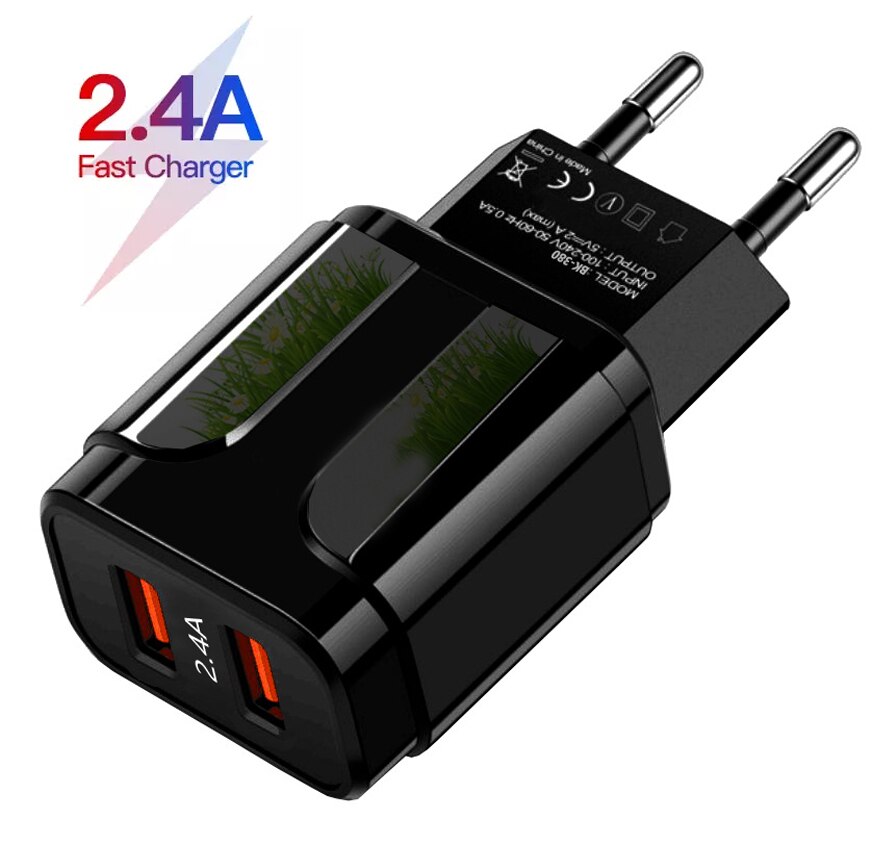 AIXXCO 5V 2A EU Plug LED Light 2 USB Adapter Mobile Phone Wall Charger Device Quick Charge QC 3.0 Mobile Charger Fast Charger: 2.4A-Black