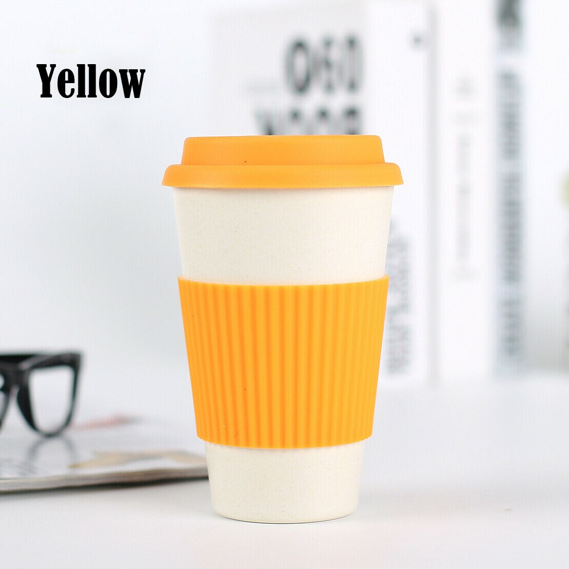 Taza para té y café de fibra de bambú reutilizable, vaso de viaje de paja de trigo con tapa de silicona, UK: Amarillo