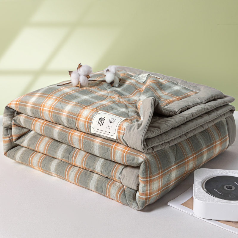 Edredón acolchado con aire acondicionado, edredón 100% de algodón puro lavable de verano, edredón suave a cuadros para edredón individual de tamaño queen doble: Completo / Verde claro