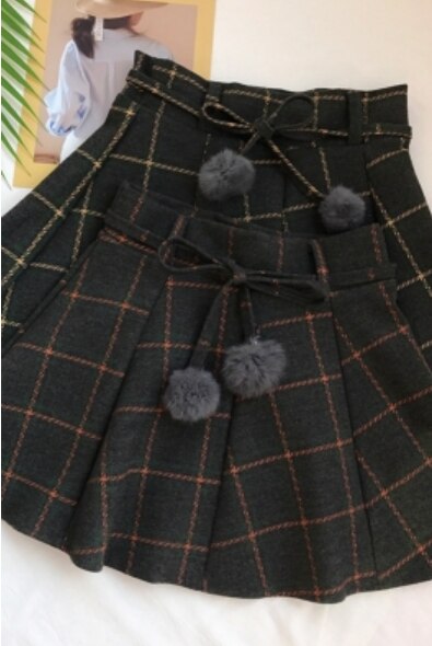 Japanese sweet Autumn Plaid pleated Woolen skirt soft girl cute kawaii preppy style temperament mini JK college uniform skirt