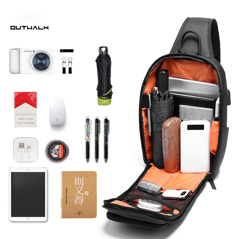 Anti-diefstal mannen Schoudertas Grote Capaciteit Crossbody Tassen Mannelijke Mode Zwart USB Opladen Waterdichte Sling Bag voor korte Trip