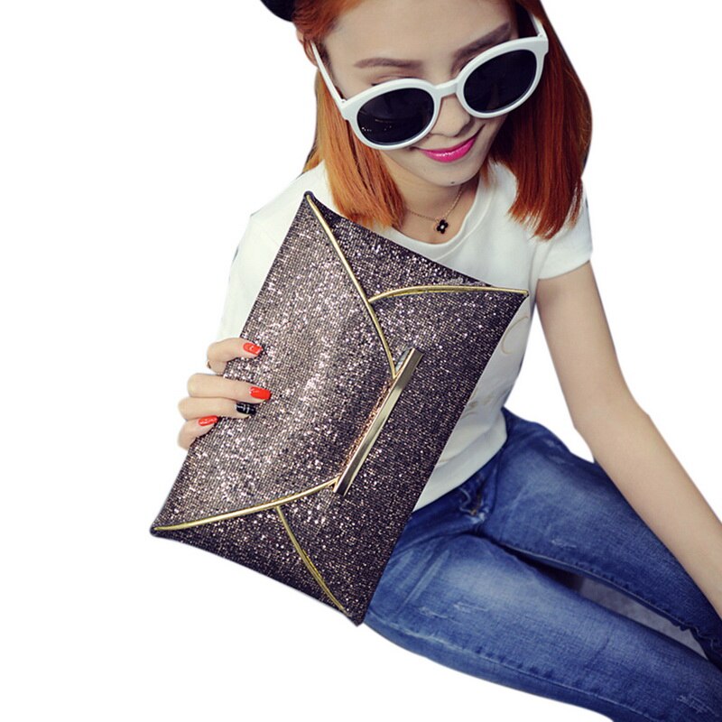 Women Evening Bag Pouch Sequins Envelope Handbag Sparkling Party Bag Solid Wedding Day Clutches Gold Purses: Champagne