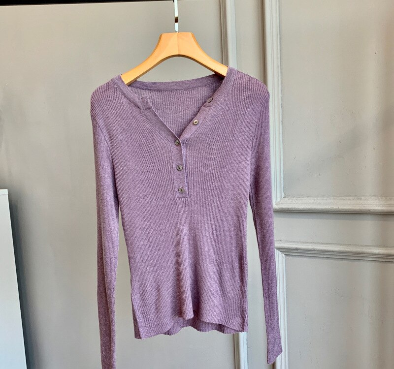 Wol Henley Trui Rib Gebreide Truien Vrouwen Basic Trui Tops: Paars