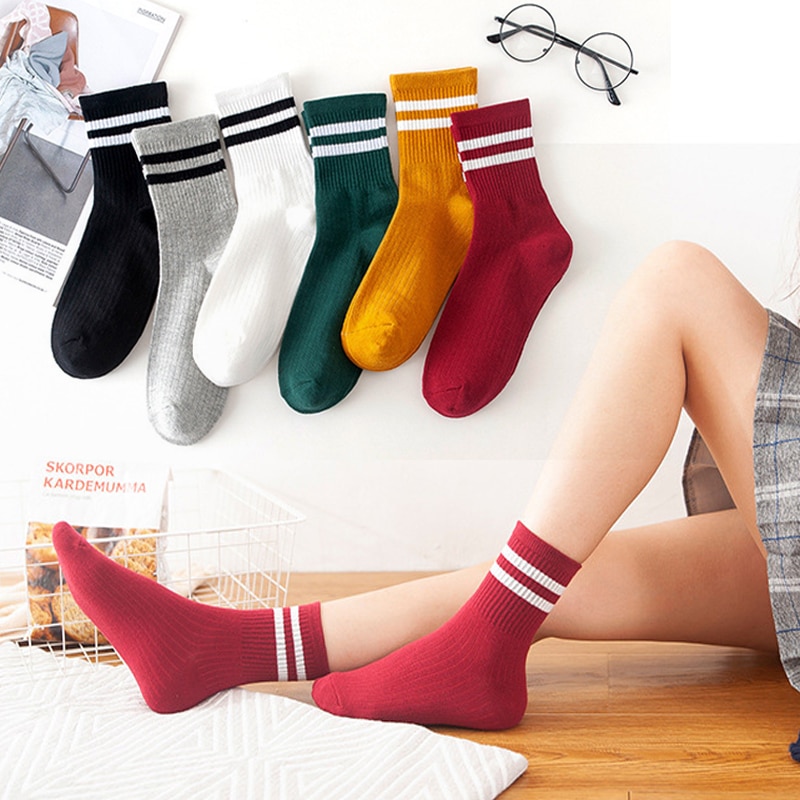 Calcetines a rayas de mezcla de algodón para mujer y niña, medias deportivas informales, suaves, tobilleras de Sport, para primavera y otoño