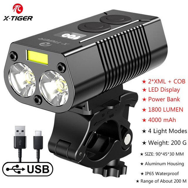 X-TIGER Bike Light 1800 Lumens MTB Road Bike Front Lamp Bike Accessories Rainproof USB Rechargeable LED Bike Flashlight: QD-1001