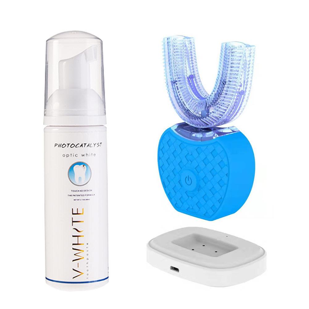 360 Degree Automatic Fast Electric Toothbrush Hands Free Automatic Whitening 360 Degree Ultrasonic Toothbrush U Shape Blue Light