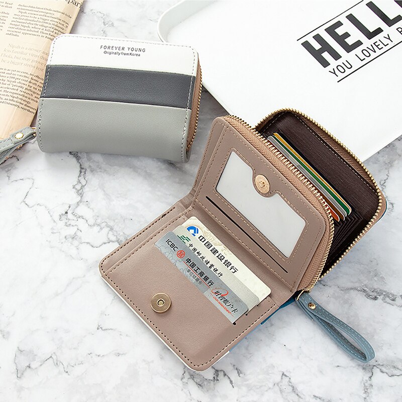 Geestock Short Wallet Women Zipper Purse Patchwork Wallets Coin Purse Multiple Card Slots Credit Card Holder PU Leather