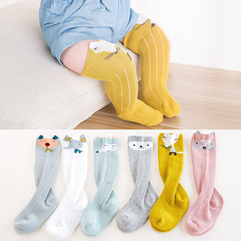 Tegneserie nyfødt baby sokker dyreprint baby pige dreng knæ sokker bomuld småbørn spædbørn piger knæ høje sokker sokken 0-12m: Stil 1 gul 0-12m