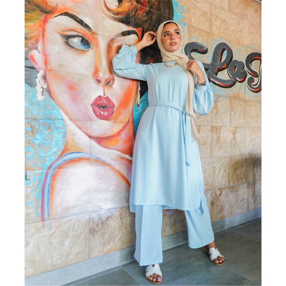 2 Piece Set Muslim Women Outfits Long Sleeve Tops Wide Leg Pants Sets Blouse Trousers Islamic Clothing Dubai Abaya Turkey Kaftan: 03 Sky Blue / M
