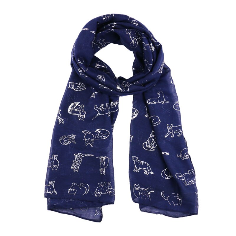 Winfox Ladies Cute Cat Foil Print Scarf Wrap shawl Travel Women Female Black Navy Scarf Autumn Winter Shawls hijab: Navy Blue