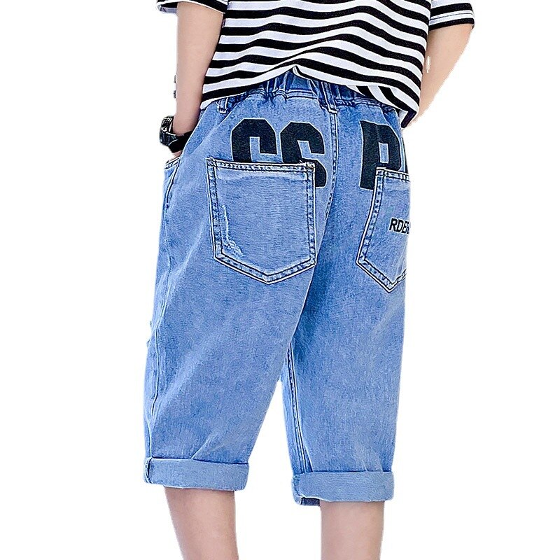 Los niños pantalones vaqueros de niño ropa estampado de letras Jeans azul clásico pantalones niños Denim Pantalones cortos de niño adolescente pantalón corto Casual Pantalones