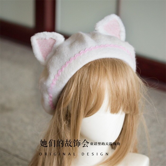 Mori Girl-boinas planas con orejas de gato para mujer, gorro de pintor de lana, Vintage, cálido, para Otoño e Invierno: 01
