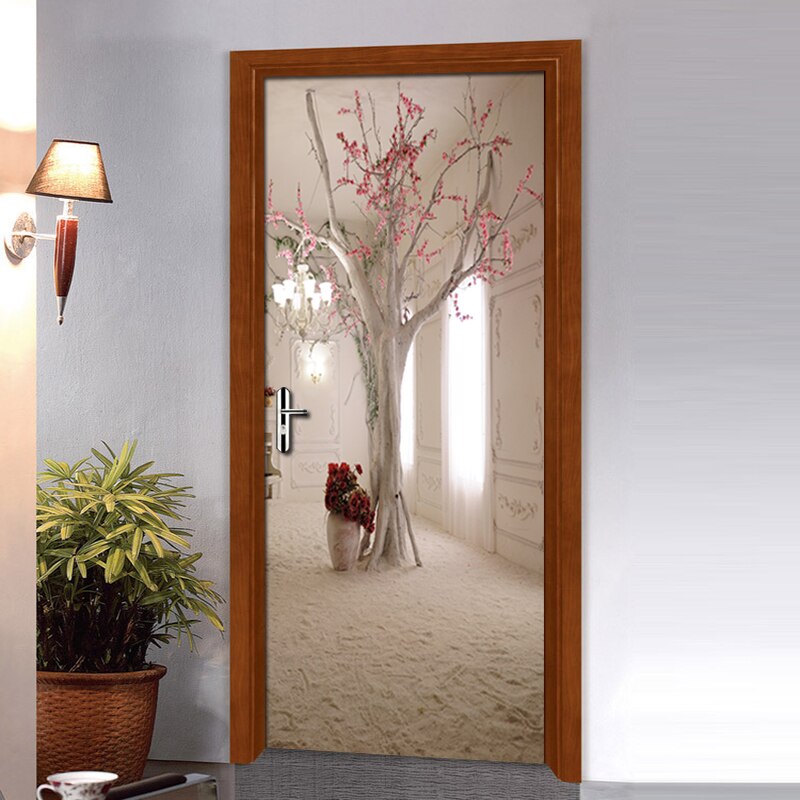 Door Sticker Mural 3D Space Tree PVC Self Adhesive Waterproof Vinyl Wallpaper For Living Room Bedroom Door Decoration