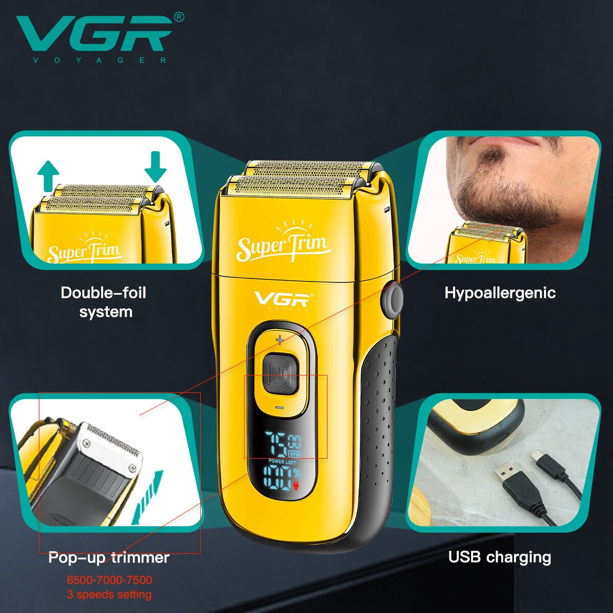 VGR Elektrisch Scheerapparaat Elektrisch Scheerapparaat Oplaadbare Scheren Machine voor Mannen Scheerapparaat Baard Scheermes Baard Trimmer Tondeuse V-332
