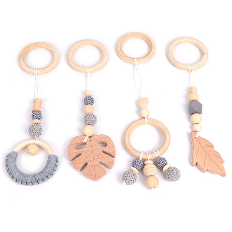 4 Stks/set Baby Play Gym Frame Wandelwagen Opknoping Hangers Hout Ring Bijtring Molaire: Leave Grey