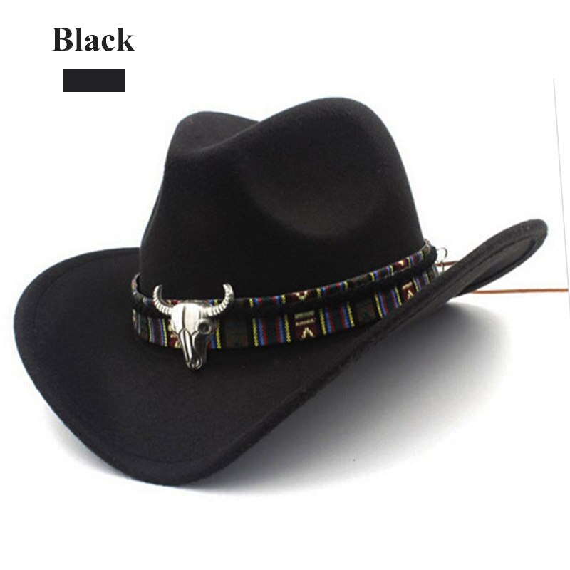 Sombrero vaquero de estilo étnico para hombre y mujer, sombrero de estilo vaquero, , Color sólido, con decoración en forma de toro, estilo occidental: Negro