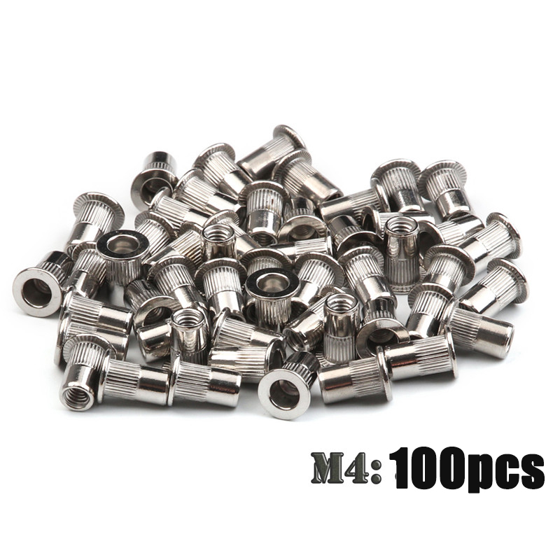 100PCS M3 M4 M5 M6 Stainless Steel Flat Head Rivet Nuts Set Insert Reveting Multi Size Stainless Steel Rivet Nut Set: 100PCS M4