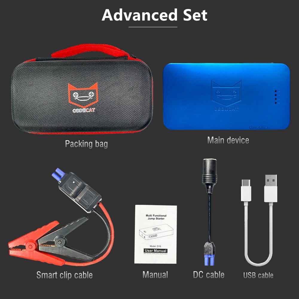 OBDIICAT-D8 Newest 600A Starting Device Power Bank Jump Starter Car Battery Booster Emergency Charger 12v Multifunction Device: D16 Blue advanced