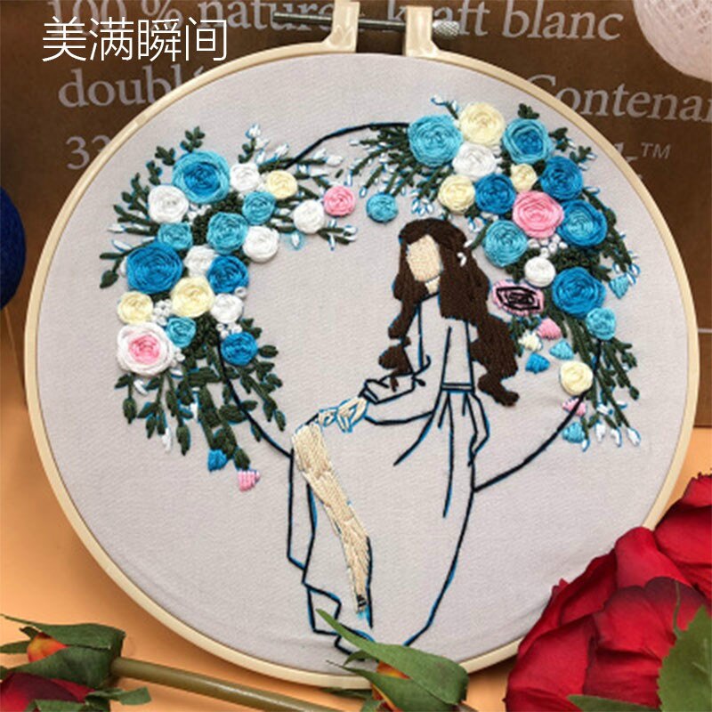 3D Embroidery Kits Cartoon Girl Hand Bouquet Pattern Beginner DIY Embroidery Material Package Cross Stitch Sewing Tools Bordado: 6
