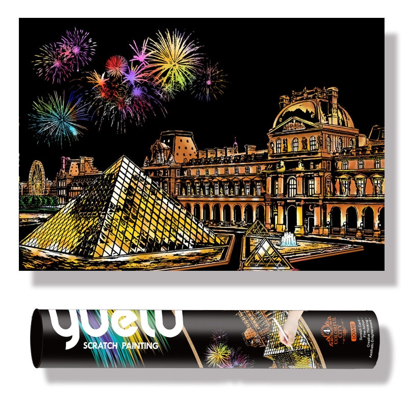 Diy Handleiding Schrapen Schilderij Grote 75*52Cm Reel Wereldberoemde Lanscape Building Night View Kras Schilderen Papier tekening Speelgoed: Louvre