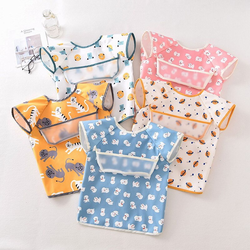 Cute Baby Bibs Short Sleeve Children Apron Waterproof Washable Clothing For Kids Baby Feeding Bibs