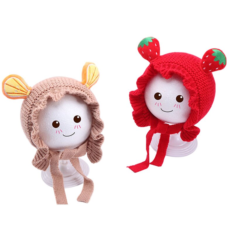 Kids Baby Gebreide Muts Meisjes Leuke Aardbei Baby Katoen Warm Verstelbare Riem Gebreide Fruit Patroon Hoed