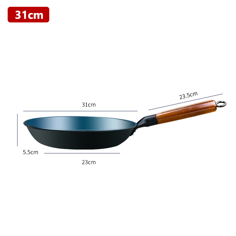 Flat stekepanne kinesisk tradisjonell jernpanne med trehåndtak ikke-belagt wok non-stick kokepanne for gass og induksjon: Rød