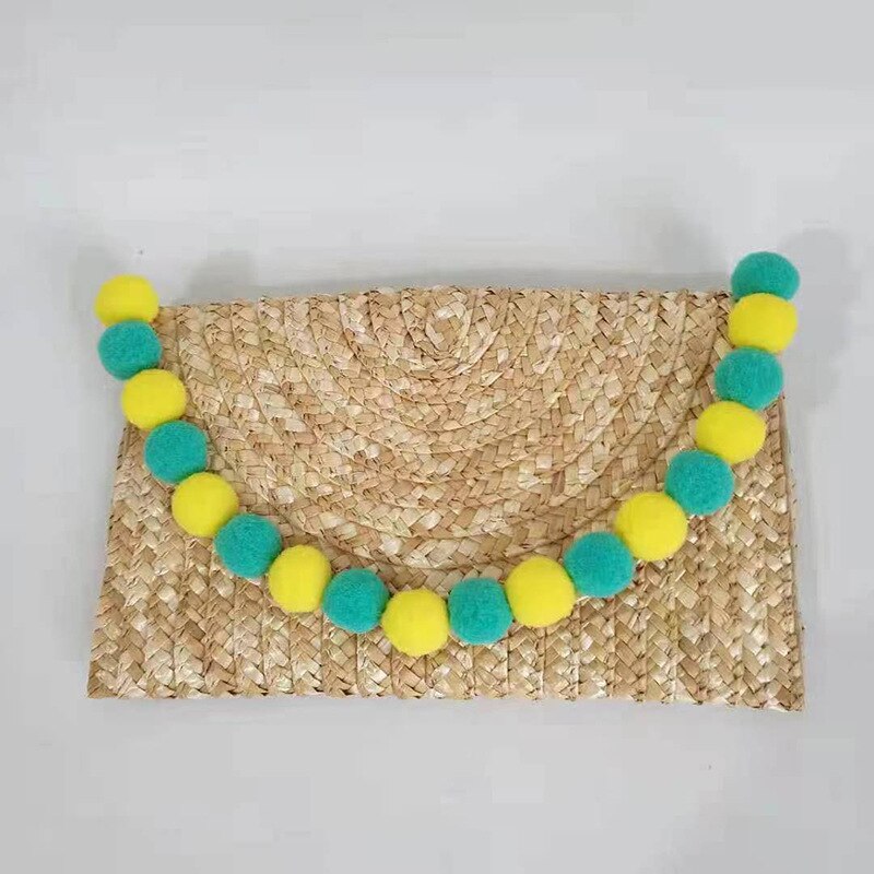 Bolso de paja para mujer, bolsa de mano tejida, paja de trigo trenzada, Bola de piel, decoración de verano salvaje, informal,: Green