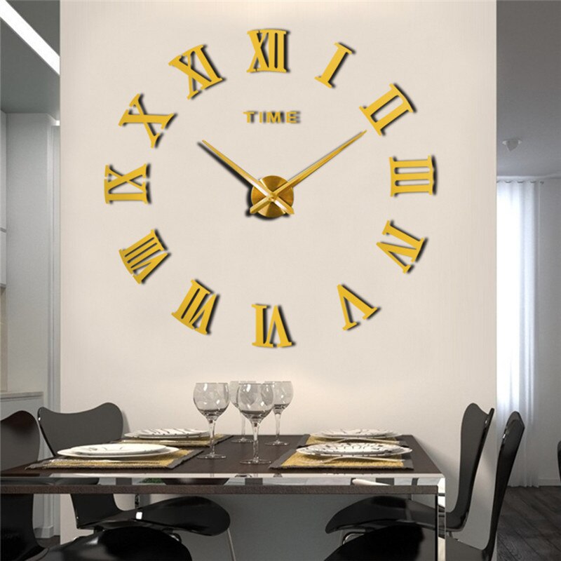 Moderne Romeinse Cijfers Grote Klok Diy Grote Wandklok 3D Spiegel Oppervlak Sticker Home Decor Art Giant Wandklok Horloge: C33 gold clock