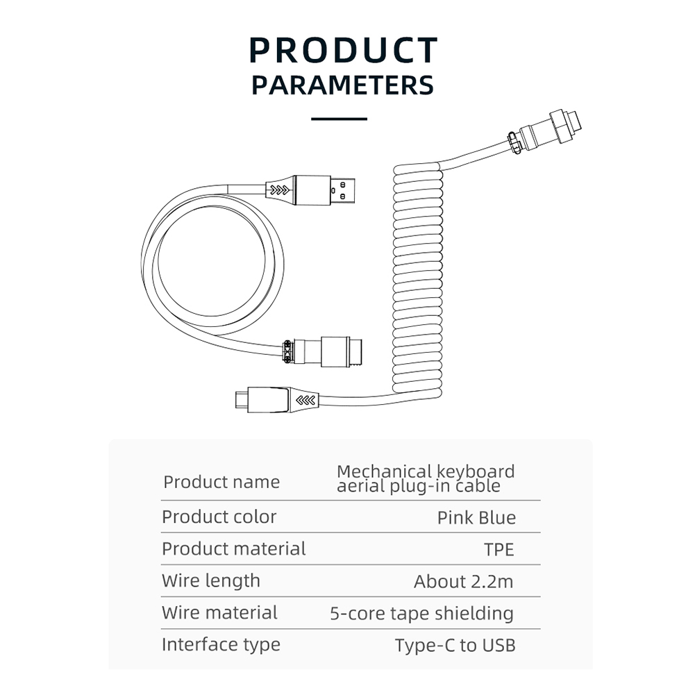 Cable de aviador para teclado mecánico, Conector de aviación USB tipo C en espiral, Cable de resorte, enchufe de ordenador de escritorio, accesorios de decoración
