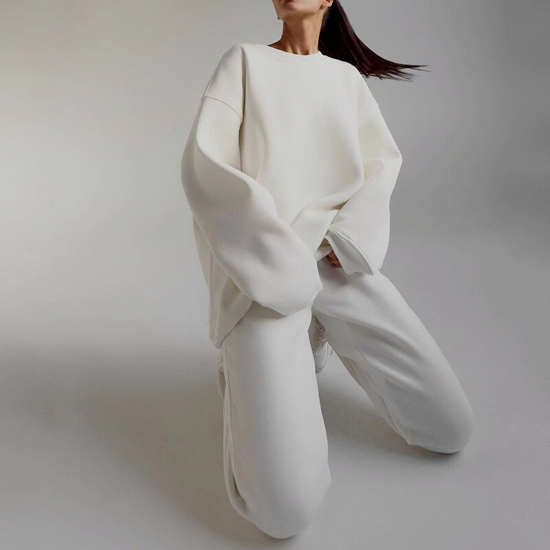 Chándal de lana de dos piezas para mujer, sudadera de gran tamaño, pantalones de Color sólido, trajes informales de otoño e invierno