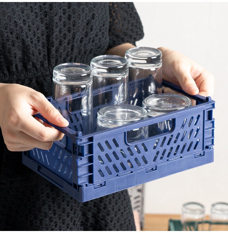 Foldable Storage Basket Stackable Folding Storage Box Organizer Multi-purpose Household Sundries Storage Snack Fruit Basket: BLUE / S