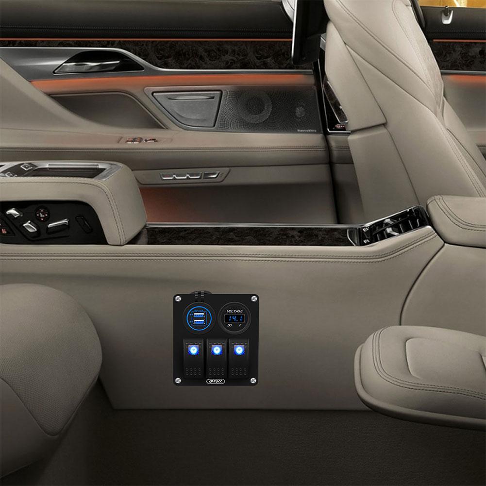 Boat Switch Panel Car Switch Panel Waterproof Digital Voltmeter Dual USB Port 12V Outlet Combination Marine LED Rocker 3 Gang