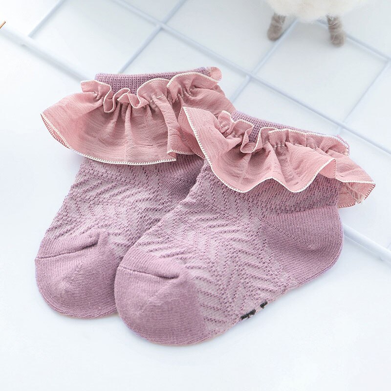 Cute Baby Girl Socks Summer Breathable Lace Kids Socks Soft Cotton Princess Infant Toddler Short Socks Sokken Skarpetki: Purple / 12-24M